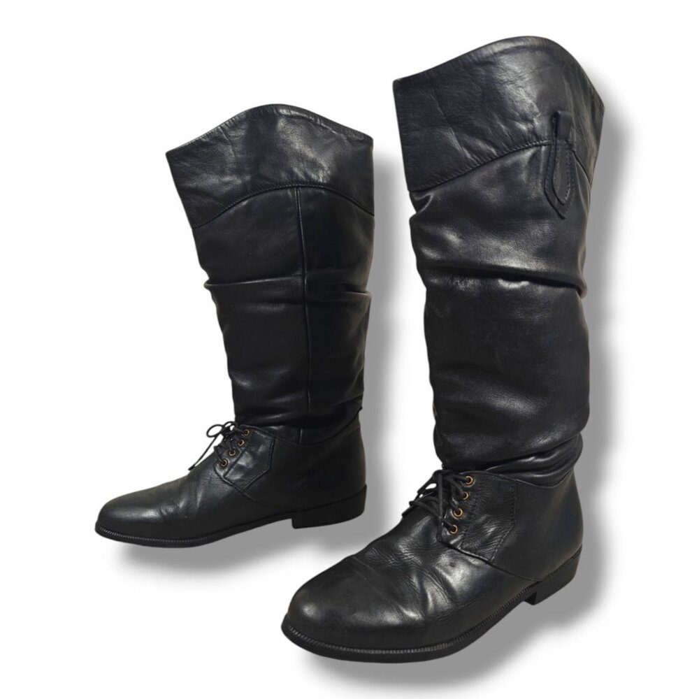 Vintage LL Bean Womens Black Leather Tall Lace-Up Riding Boots Size 6.5M